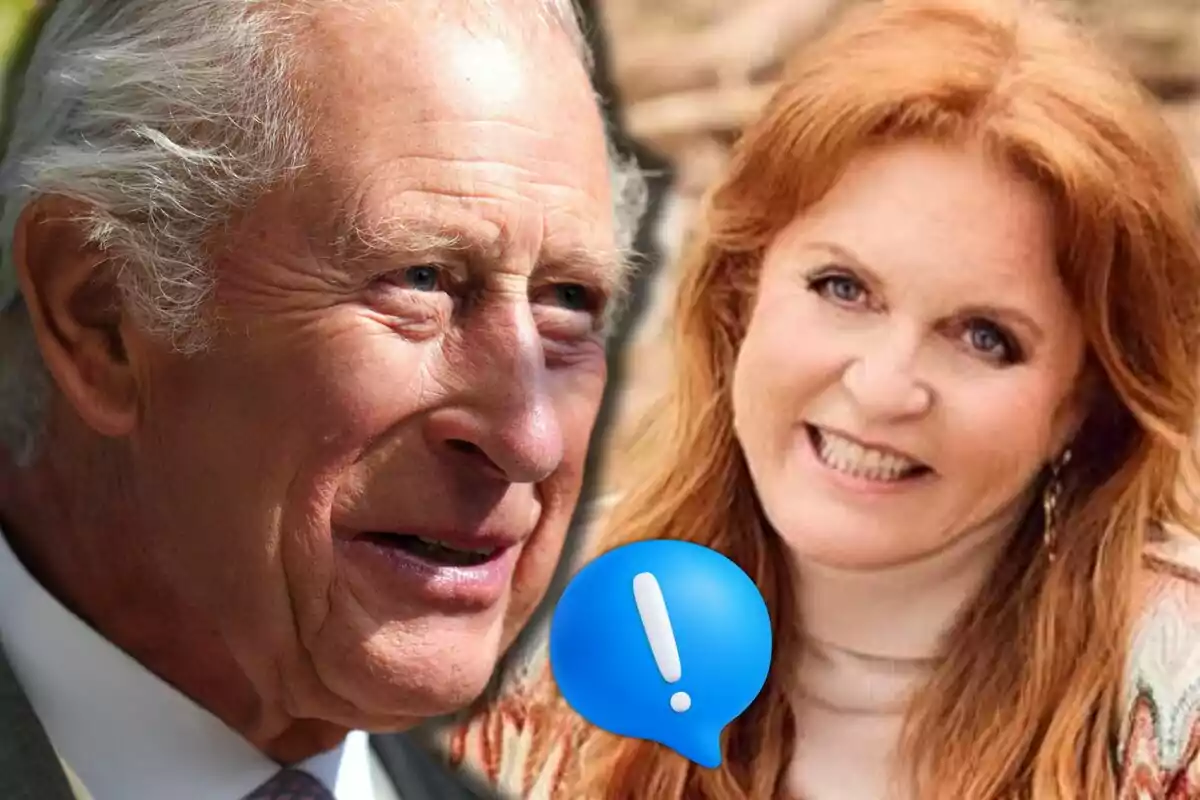 Carles III i Sarah Ferguson somrients apareixen junts en un muntatge amb un emoji de signe d’exclamació blau en primer pla