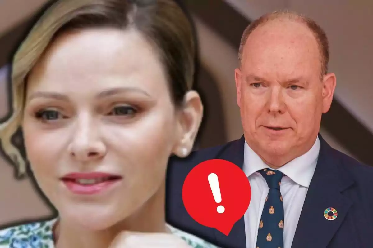 Charlene i Albert de Mònaco amb vestit apareixen en primer pla, amb una icona d’advertència vermella entre ells.