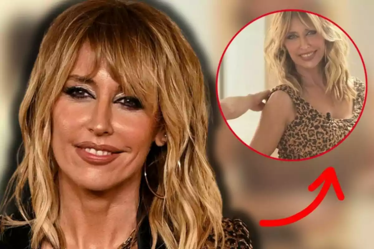 Emma García somrient, porta un vestit d’estampat animal print i apareix en primer pla al costat d’un requadre circular amb una altra imatge seva i una fletxa vermella assenyalant el requadre. Emma García somrient, porta un vestit d’estampat animal print i apareix en primer pla al costat d’un requadre circular amb una altra imatge seva i una fletxa vermella assenyalant el requadre.