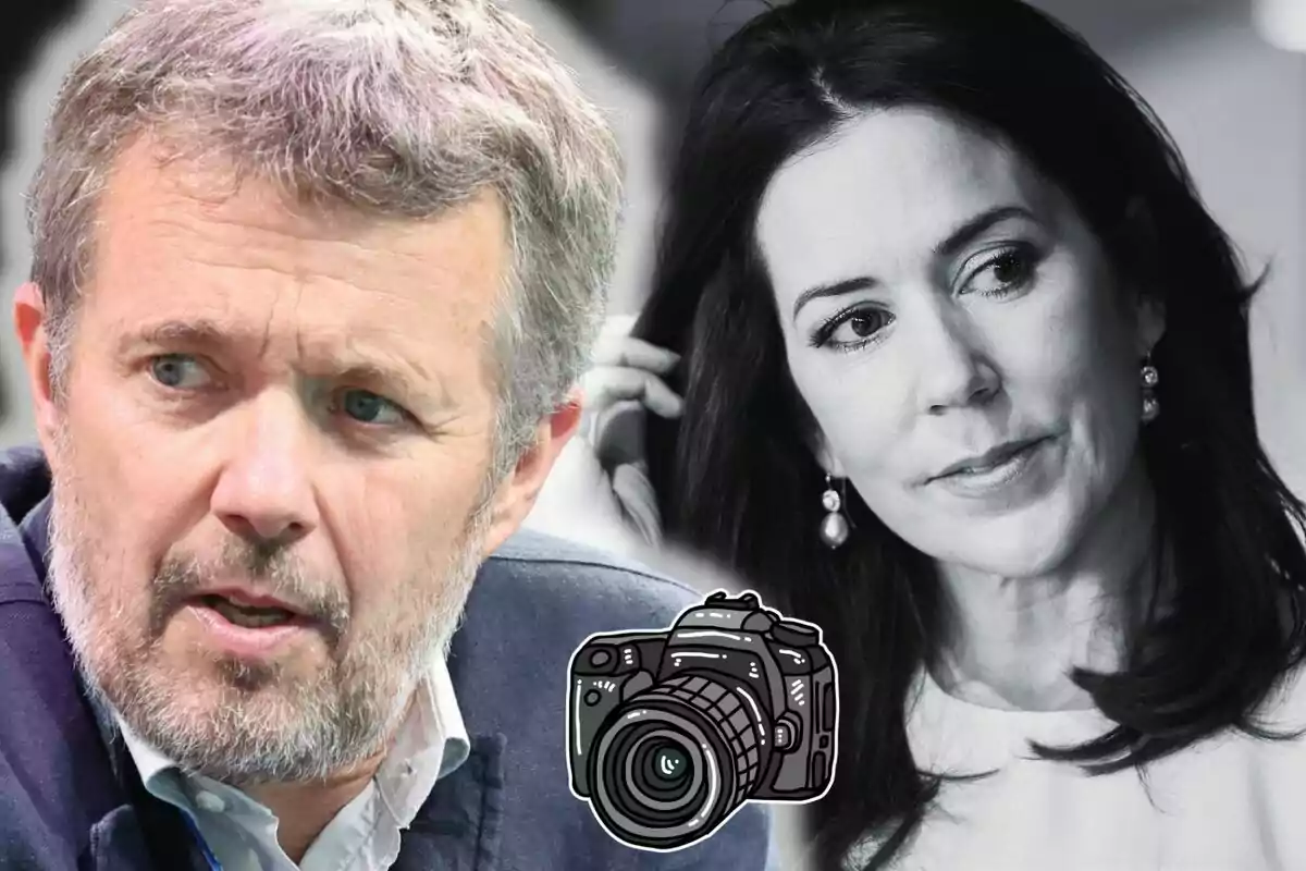 Federico de Dinamarca mira hacia la izquierda mientras Mary de Dinamarca aparece en blanco y negro al fondo junto a un dibujo de una cámara fotográfica