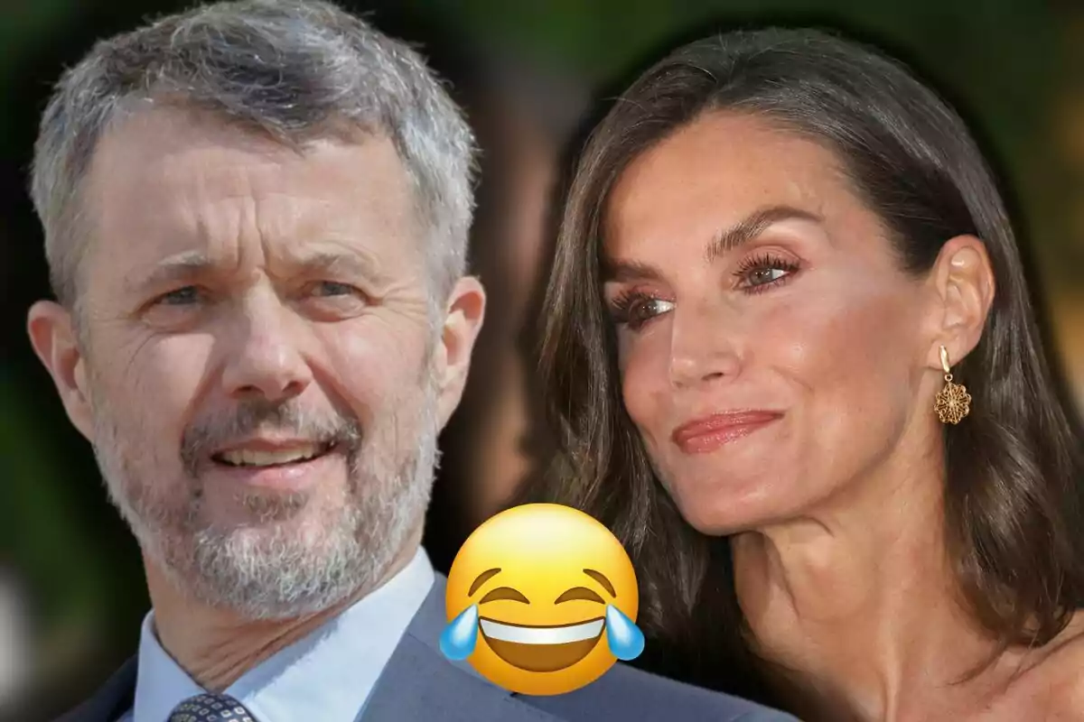 Federico de Dinamarca junto a la reina Letizia con un emoji de risa con lágrimas en el centro