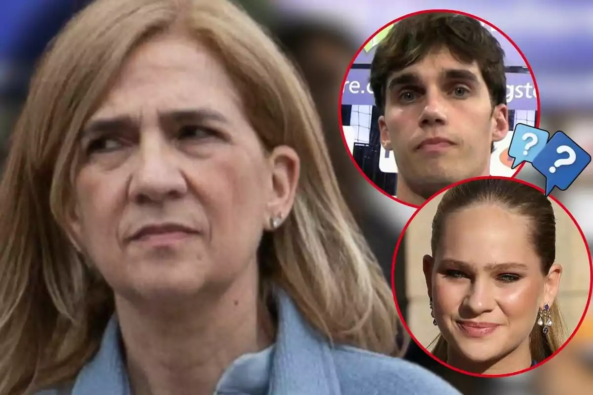 La infanta Cristina amb expressió seriosa en primer pla i Pablo i Irene Urdangarin en cercles vermells a la cantonada superior dreta