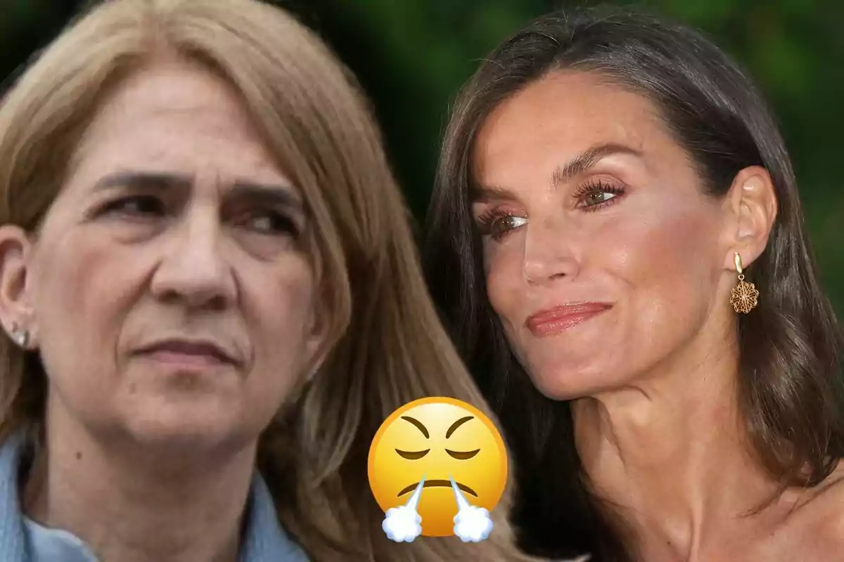 La infanta Cristina y la reina Letizia mirando en direcciones opuestas con un emoji de enojo entre ellas