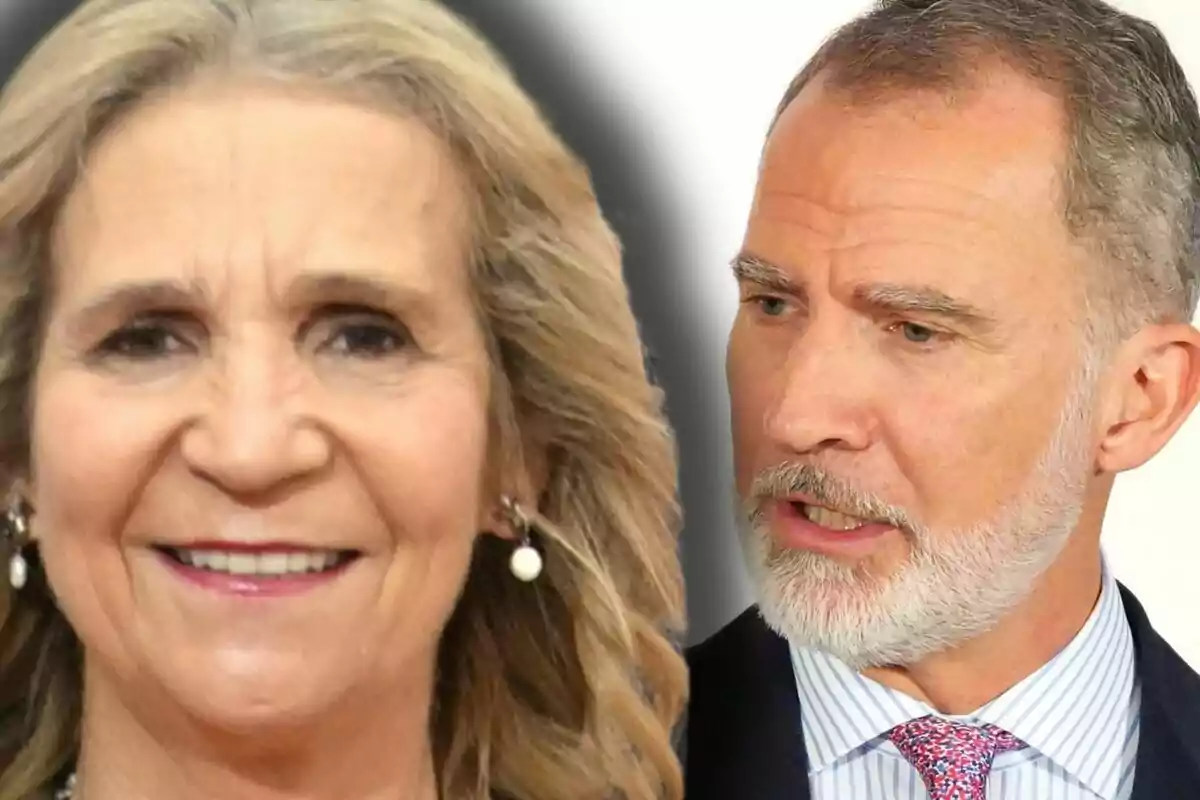 Infanta Elena and Felipe VI, a smiling woman with blonde hair and a man with a graying beard wearing a suit and tie, both looking straight ahead Infanta Elena and Felipe VI, a smiling woman with blonde hair and a man with a graying beard wearing a suit and tie, both looking straight ahead