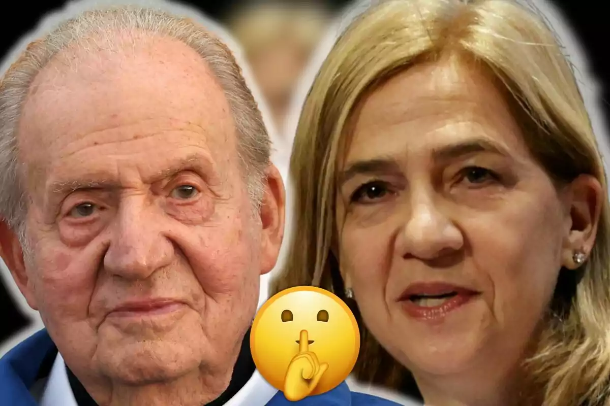 Joan Carles I i la infanta Cristina amb expressió seriosa i un emoji de silenci en primer pla