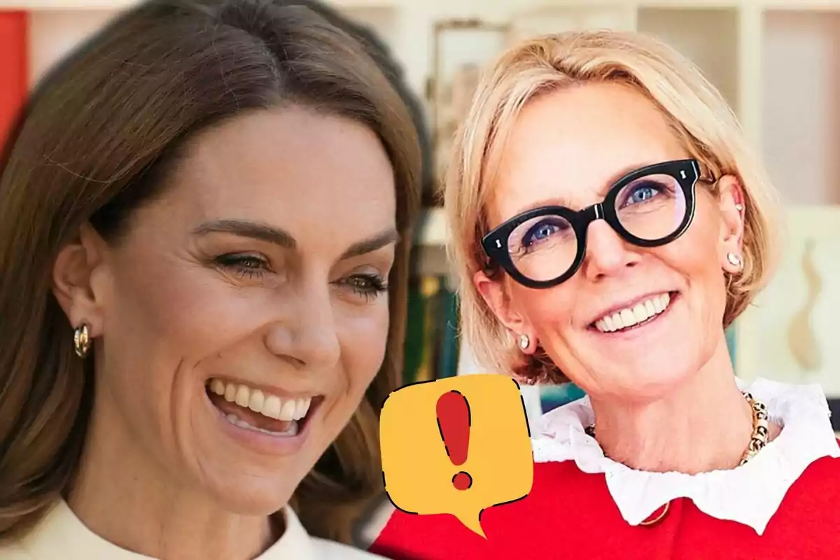 Kate Middleton and Jet Shenkman smiling in the foreground with a yellow speech bubble drawing and a red exclamation mark between them