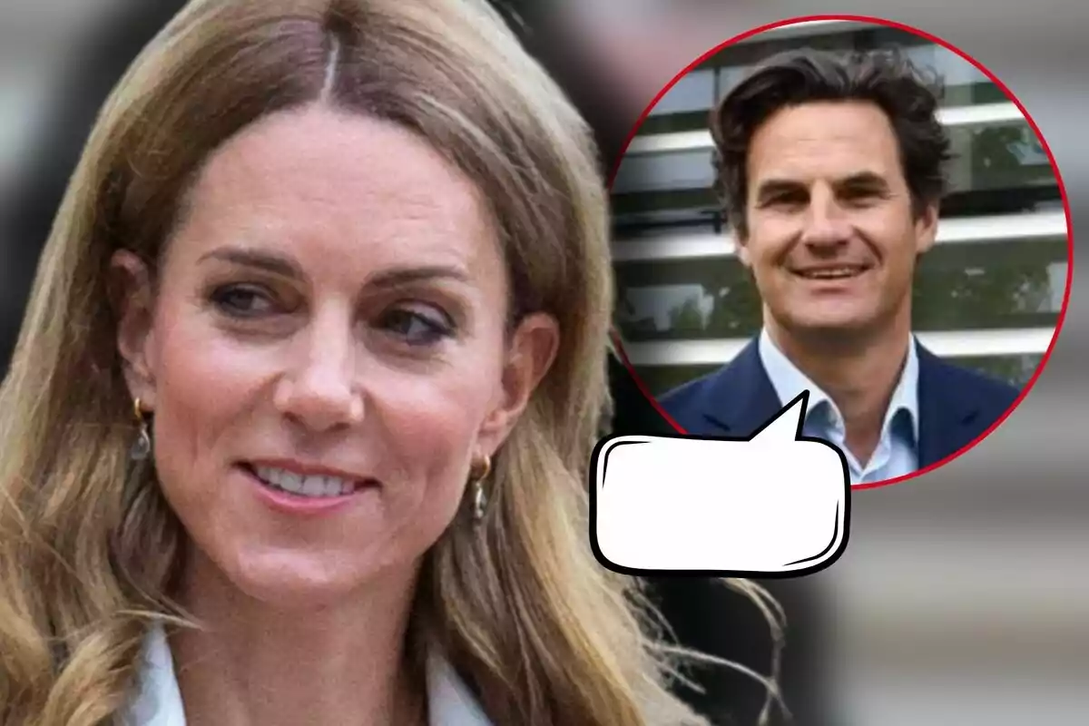 Kate Middleton somrient en primer pla amb Rupert Finch en un cercle vermell al fons i un globus de diàleg buit