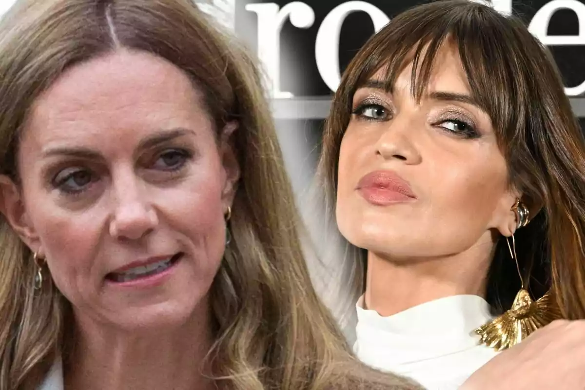 Kate Middleton y Sara Carbonero aparecen en primer plano, una con expresión seria y la otra con expresión neutra, ambas mirando hacia el frente. Kate Middleton y Sara Carbonero aparecen en primer plano, una con expresión seria y la otra con expresión neutra, ambas mirando hacia el frente.
