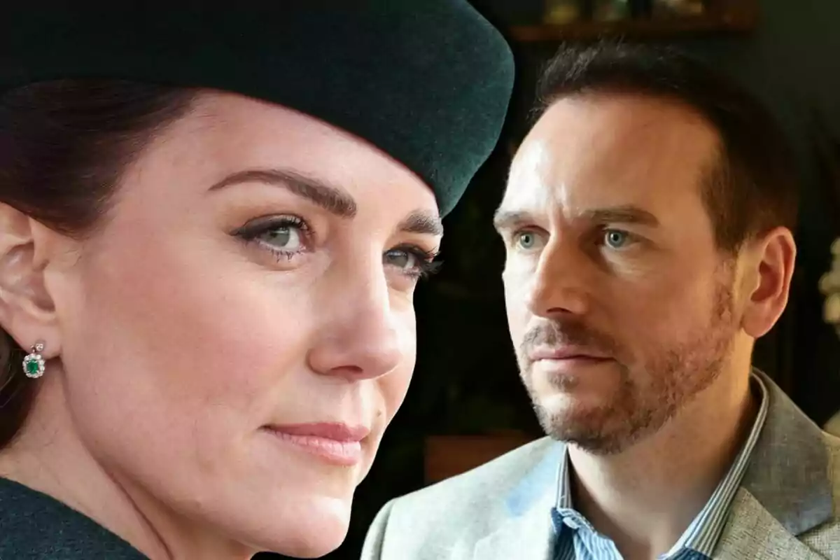 Primer pla de Kate Middleton amb barret fosc i Grant Harrold mirant al front, tots dos amb expressió seriosa