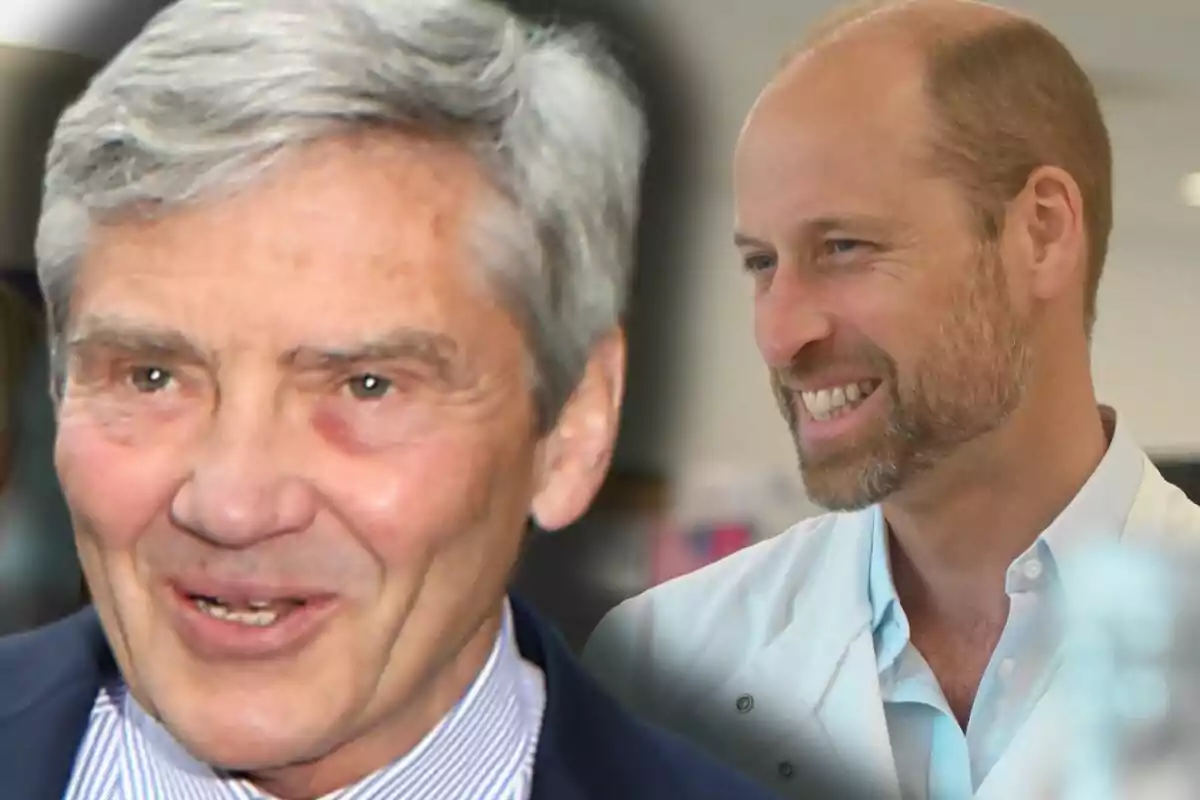 Michael Middleton y el príncipe Guillermo sonrientes, uno de cabello canoso y otro con barba y bata blanca, aparecen juntos en la imagen. Michael Middleton y el príncipe Guillermo sonrientes, uno de cabello canoso y otro con barba y bata blanca, aparecen juntos en la imagen.