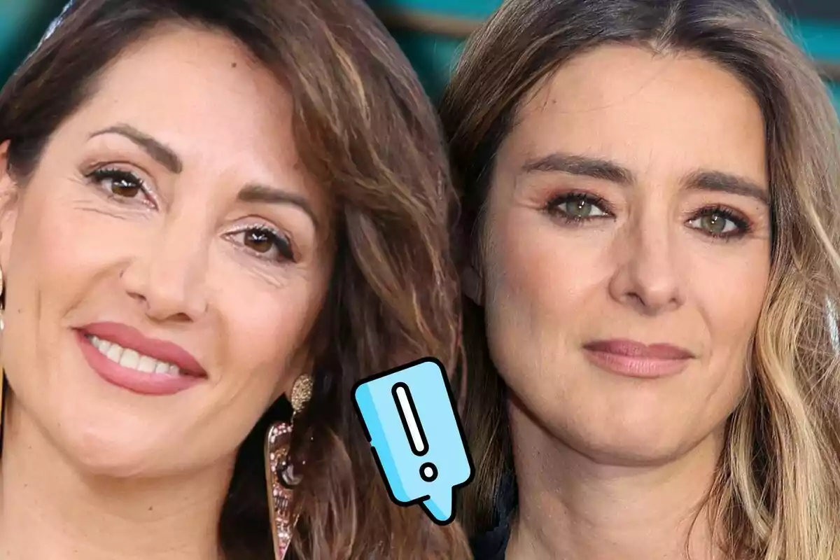 Nagore Robles i Sandra Barneda posen juntes mirant a la càmera amb una il·lustració d’un signe d’exclamació blau entre elles
