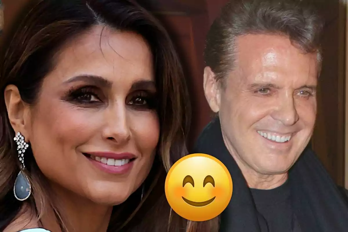 Paloma Cuevas i Luis Miguel somriuen mentre un emoji de carona feliç apareix en primer pla