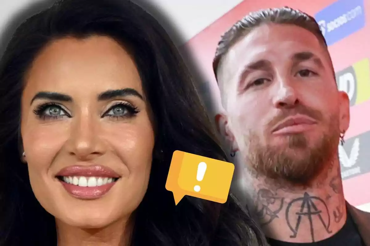 Pilar Rubio sonríe en primer plano mientras Sergio Ramos aparece desenfocado al fondo junto a un ícono de mensaje amarillo con un signo de exclamación. Pilar Rubio sonríe en primer plano mientras Sergio Ramos aparece desenfocado al fondo junto a un ícono de mensaje amarillo con un signo de exclamación.