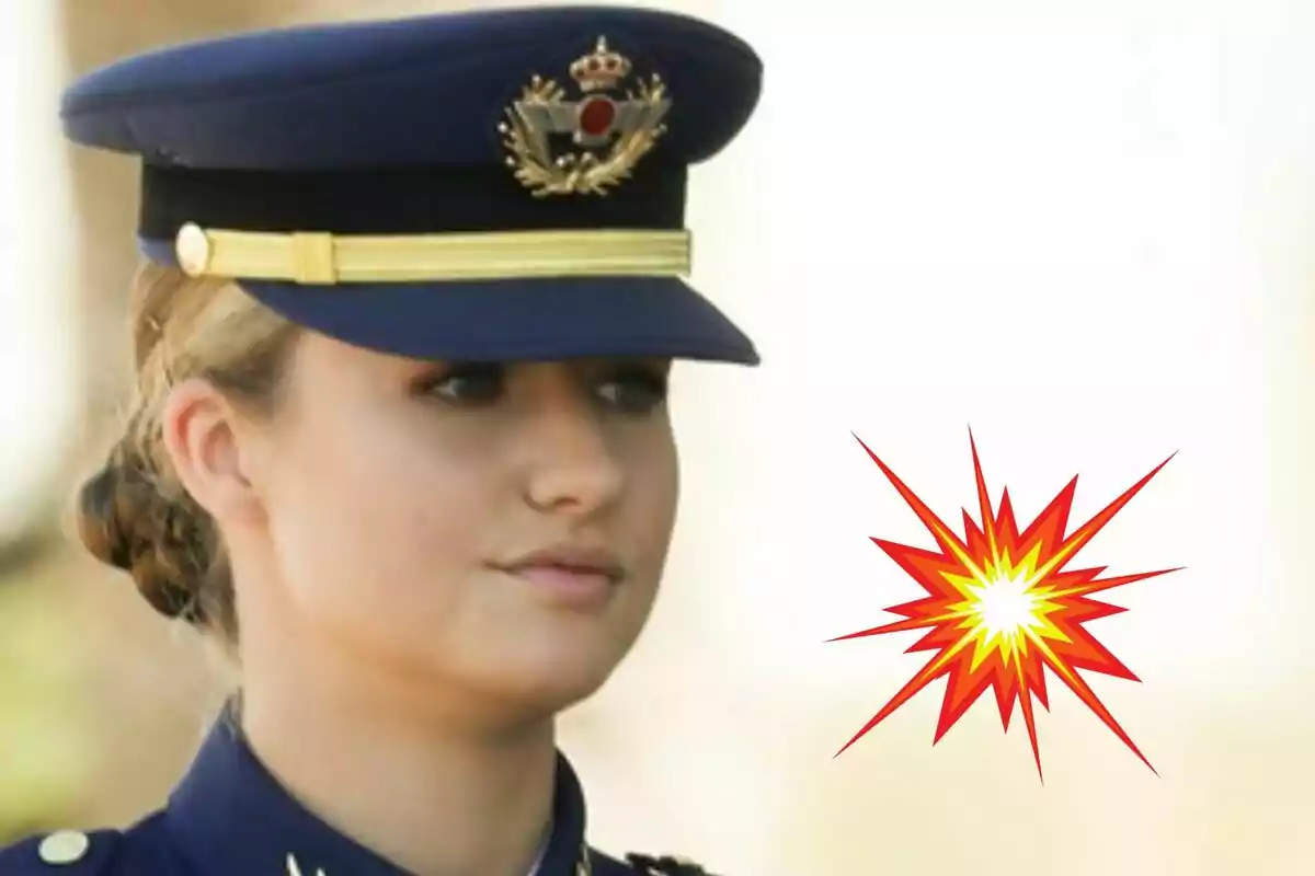 La princesa Leonor con uniforme militar azul y gorra, al lado de un dibujo de explosión colorida sobre fondo claro