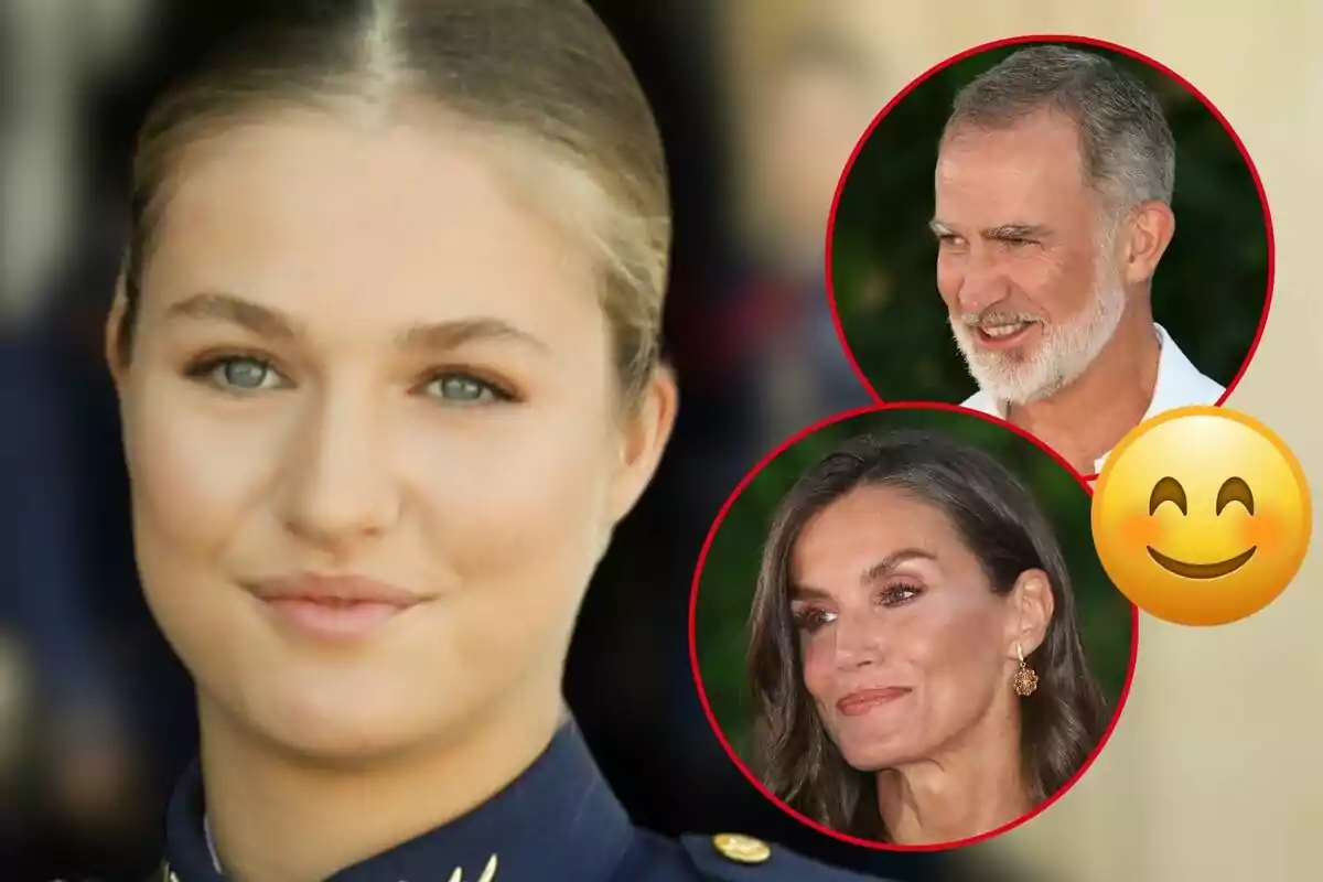 La princesa Leonor amb uniforme blau al davant, Felip VI i la reina Letícia en cercles vermells i un emoji somrient a la dreta