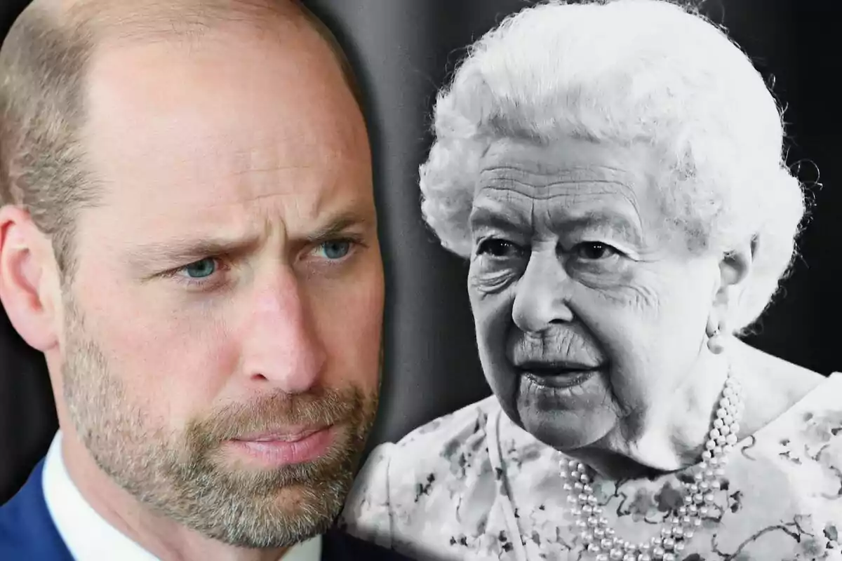 El príncep Guillem d’expressió seriosa al costat d’Isabel II amb collaret de perles El príncep Guillem d’expressió seriosa al costat d’Isabel II amb collaret de perles