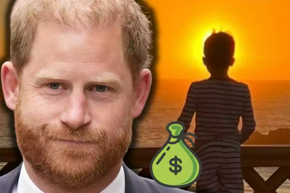 El príncep Harry en primer pla, al fons l’Archie d’esquena observa la posta de sol vora el mar i hi ha un dibuix d’una bossa de diners a la imatge.