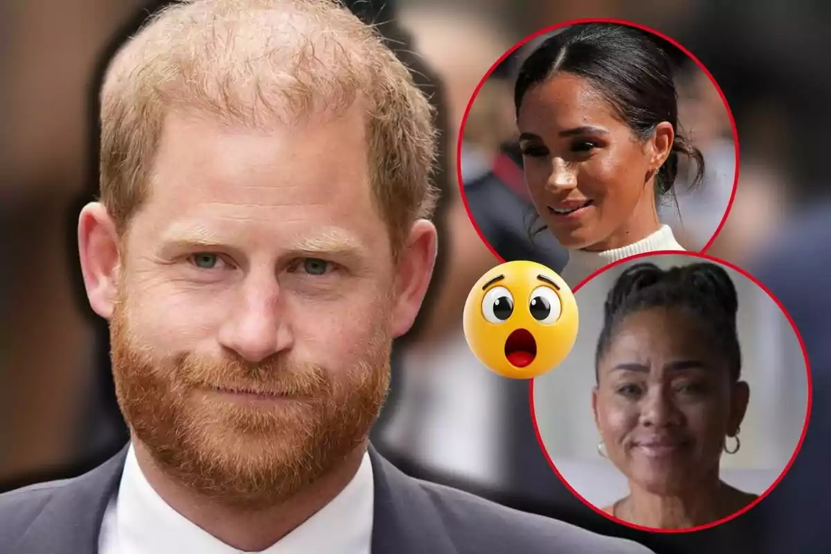 El príncipe Harry en primer plano, al fondo Meghan y Doria Markle en círculos rojos y un emoji de sorpresa entre ellas