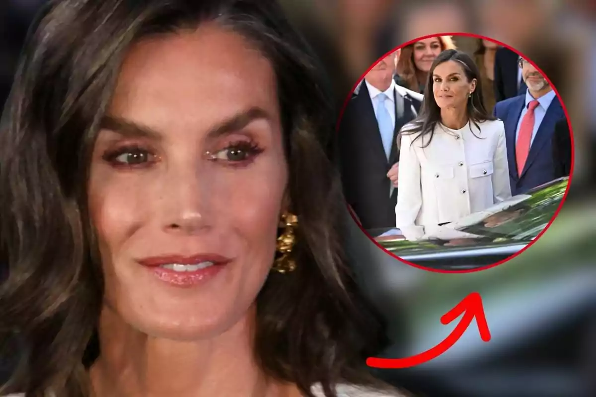 Primer pla de la reina Letícia amb un requadre que mostra la mateixa dona vestida de blanc envoltada de persones en un esdeveniment formal Primer pla de la reina Letícia amb un requadre que mostra la mateixa dona vestida de blanc envoltada de persones en un esdeveniment formal