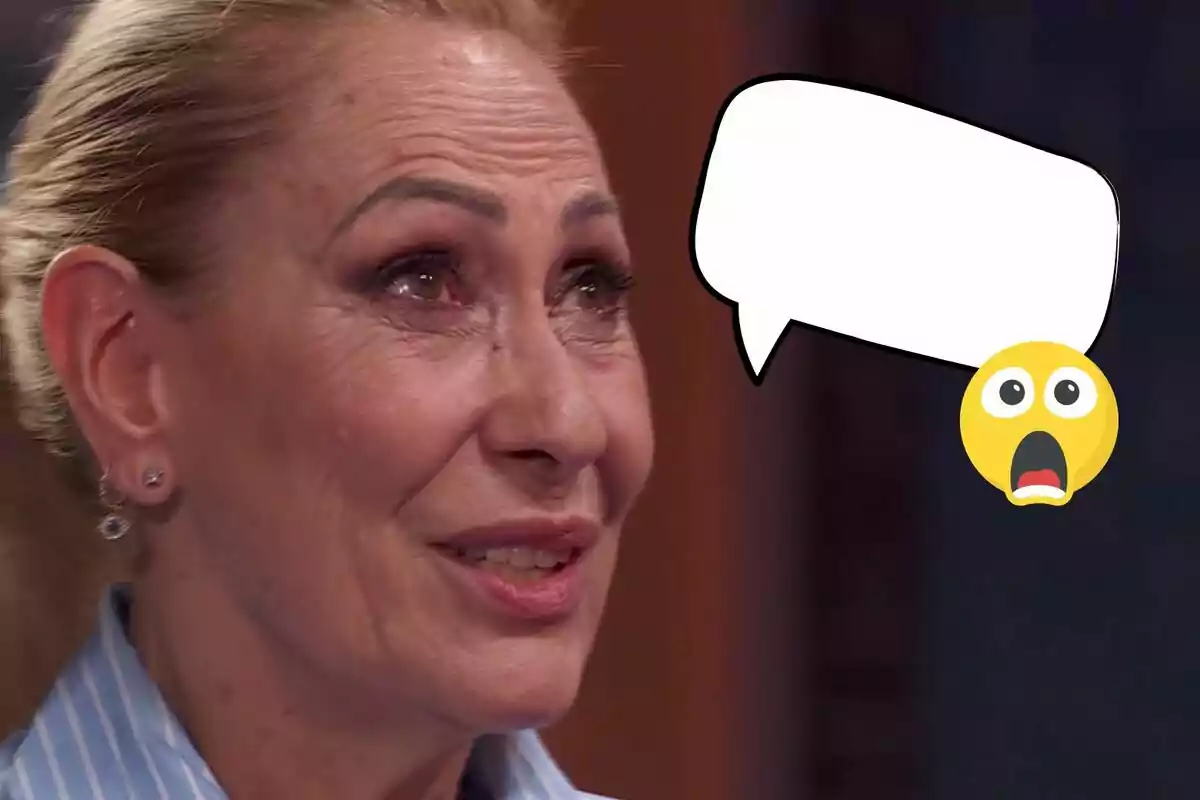 Rosa Benito de expresión emotiva con un globo de diálogo vacío y un emoji de sorpresa
