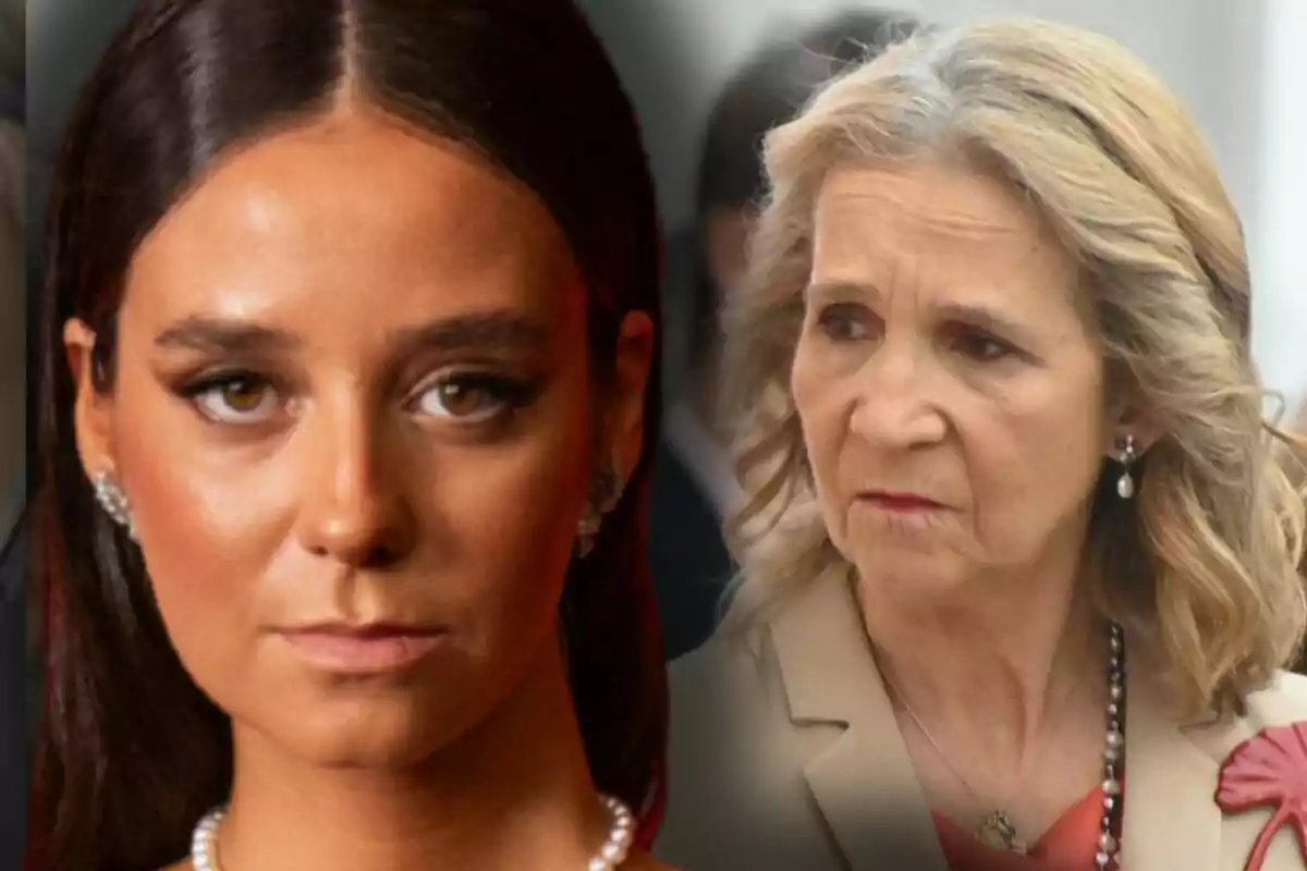 Victoria Federica y la infanta Elena mirando al frente con expresiones serias, una joven de cabello oscuro y una mujer mayor de cabello rubio.