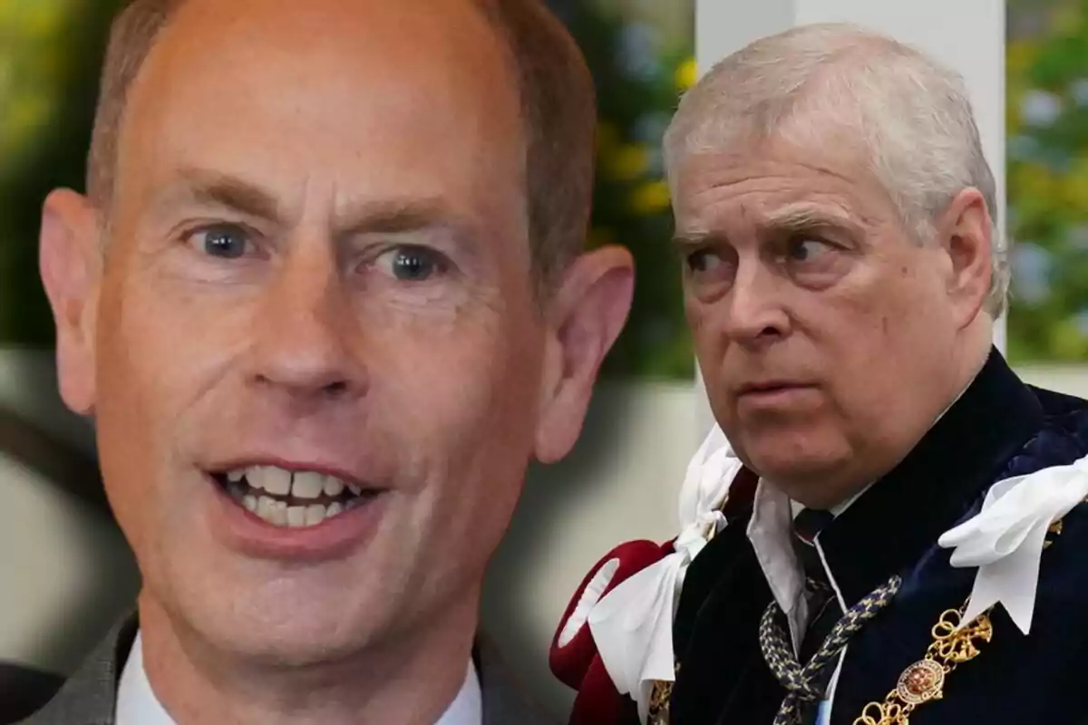 Primer pla dels prínceps Eduard i Andreu, un en primer pla somrient i l'altre al fons amb expressió seriosa i vestit amb un vestit formal fosc amb detalls daurats i blancs. Primer pla dels prínceps Eduard i Andreu, un en primer pla somrient i l'altre al fons amb expressió seriosa i vestit amb un vestit formal fosc amb detalls daurats i blancs.