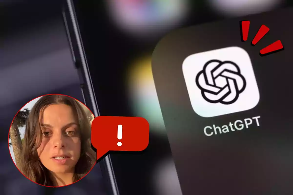 Icona de l'aplicació ChatGPT a la pantalla d'un telèfon amb Alejandra Enríquez en un cercle i un globus vermell d'advertència amb un signe d'exclamació
