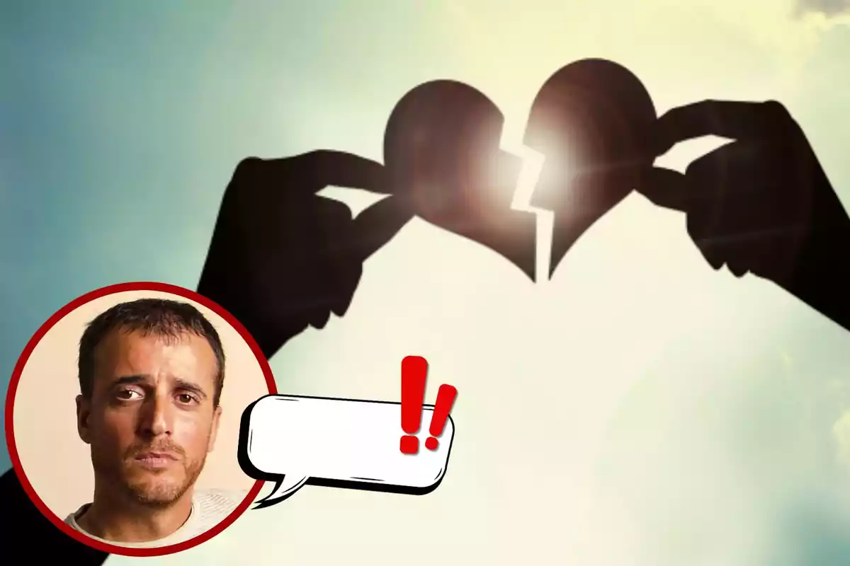 Un home amb expressió seriosa apareix en un cercle a la cantonada inferior esquerra mentre dues mans sostenen un cor trencat retallat contra la llum del sol