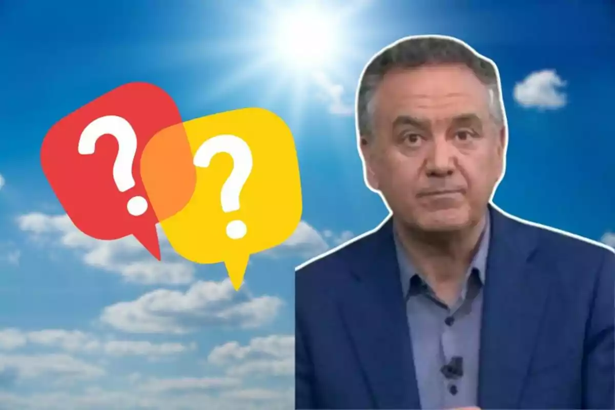 Hombre de traje azul con expresión seria frente a un cielo soleado y dos burbujas de diálogo con signos de interrogación Hombre de traje azul con expresión seria frente a un cielo soleado y dos burbujas de diálogo con signos de interrogación