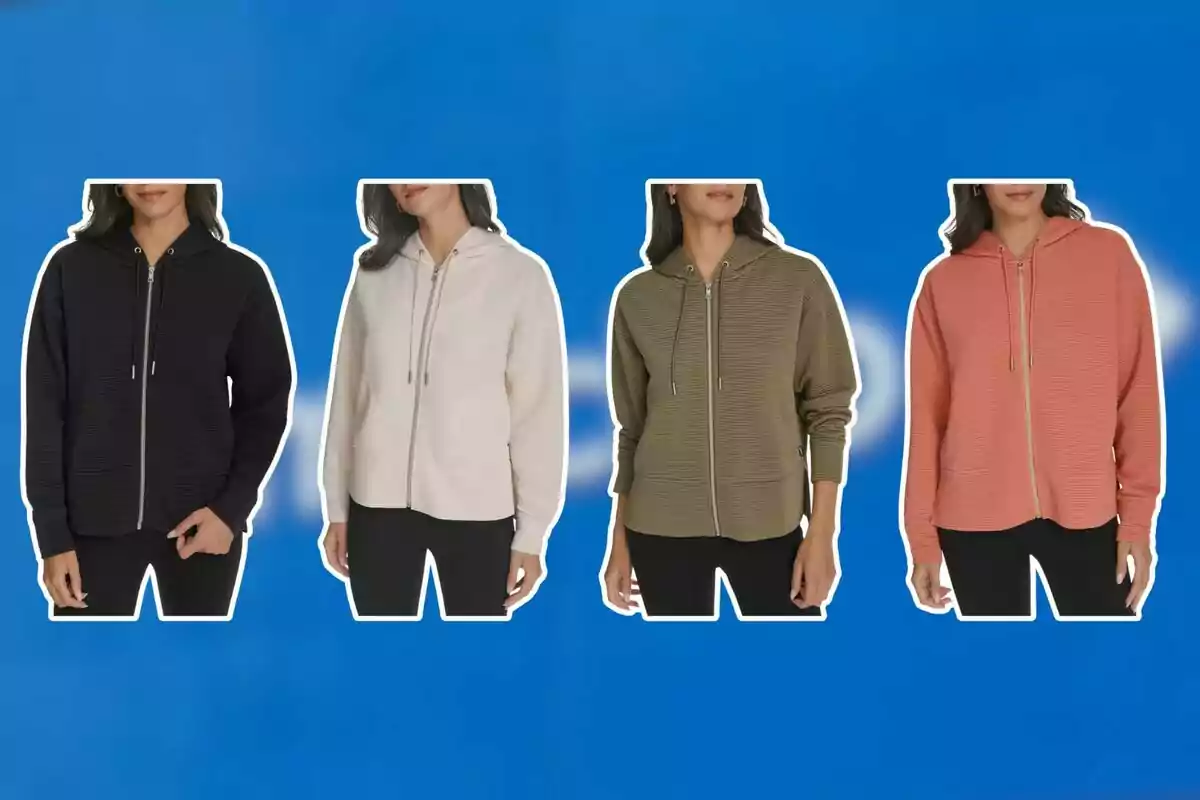 Four women wearing zip-up hoodies in different colors against a blue background