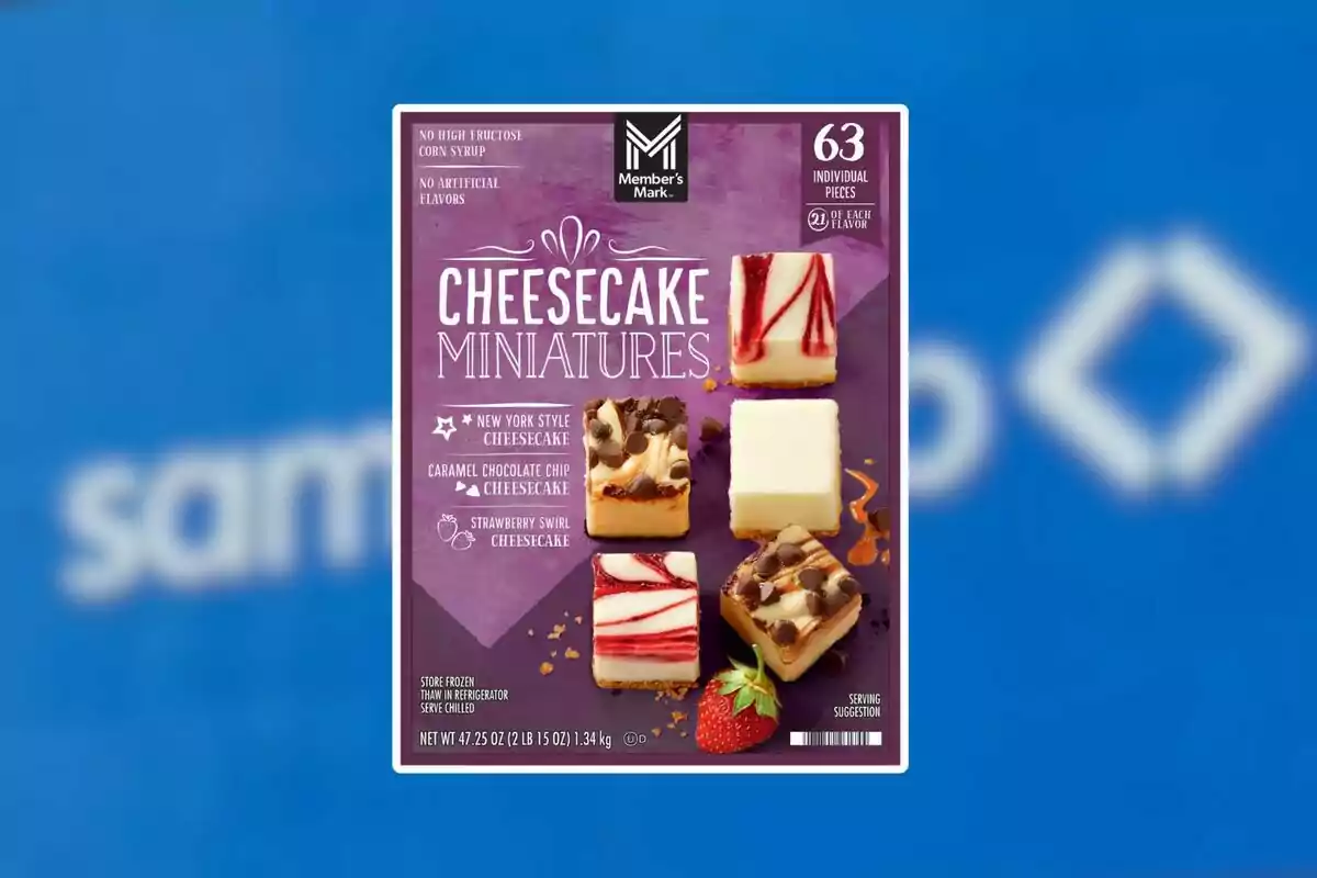 Member’s Mark mini cheesecake box with 63 individual pieces in New York, caramel chocolate chip, and strawberry swirl flavors on a purple background
