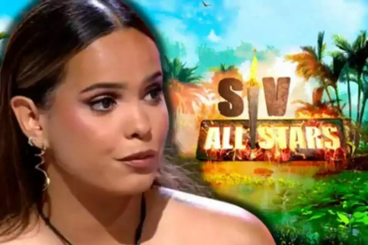 Gloria Camila amb expressió seriosa en primer pla i fons acolorit amb el logotip d’un programa anomenat SV All Stars envoltat de palmeres i vegetació Gloria Camila amb expressió seriosa en primer pla i fons acolorit amb el logotip d’un programa anomenat SV All Stars envoltat de palmeres i vegetació