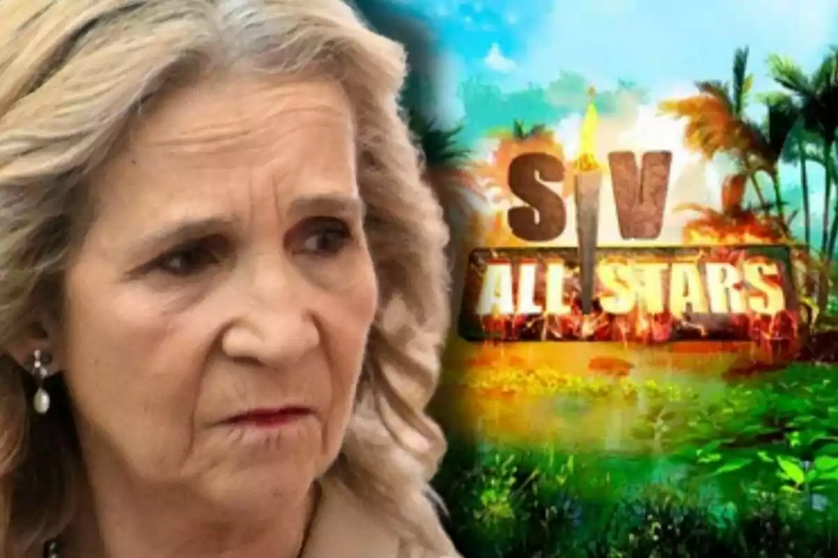 La infanta Elena amb expressió seriosa apareix en primer pla al costat del logotip colorit d’un programa anomenat SV All Stars amb un fons de palmeres i vegetació.