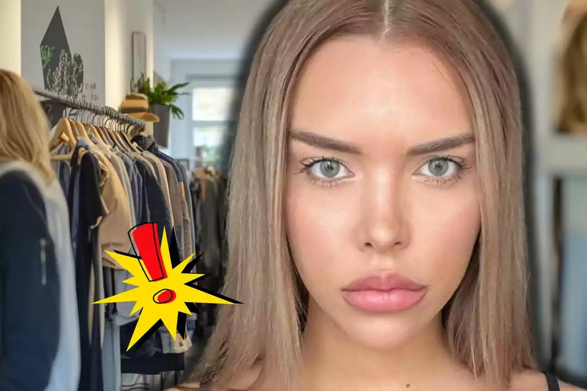 Dona de cabell ros amb expressió seriosa en primer pla i fons de botiga de roba amb un dibuix de signe d’exclamació groc i vermell