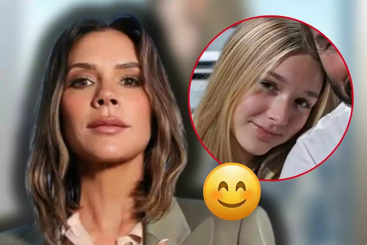 Victoria Beckham con expresión seria en primer plano y recuadro circular con Harper Seven sonriendo, acompañado de un emoji sonriente Victoria Beckham con expresión seria en primer plano y recuadro circular con Harper Seven sonriendo, acompañado de un emoji sonriente
