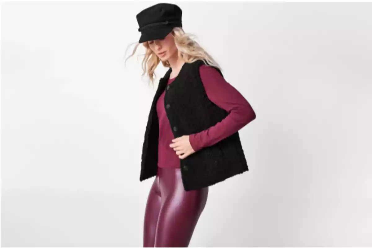 Dona rossa amb gorra negra, armilla negra, brusa burdeus i pantalons de vinil burdeus posant sobre fons clar Dona rossa amb gorra negra, armilla negra, brusa burdeus i pantalons de vinil burdeus posant sobre fons clar