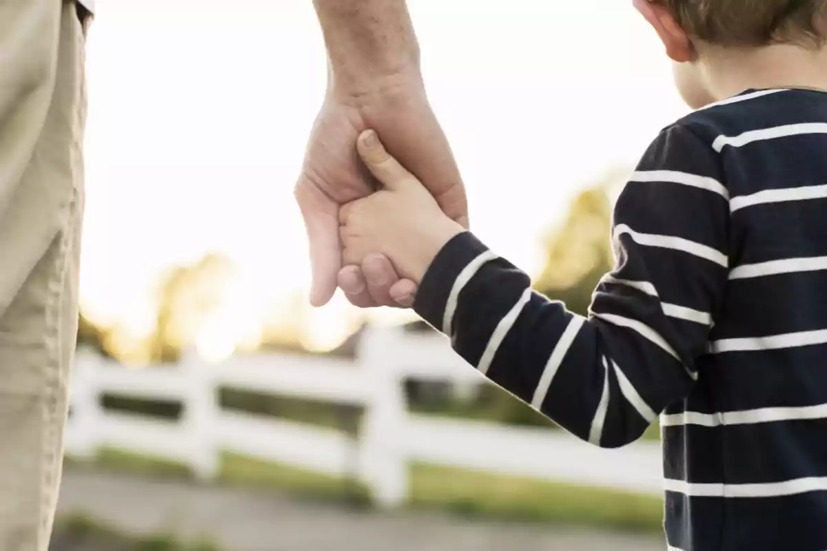 Persona adulta i nen agafats de la mà caminant junts a l’aire lliure