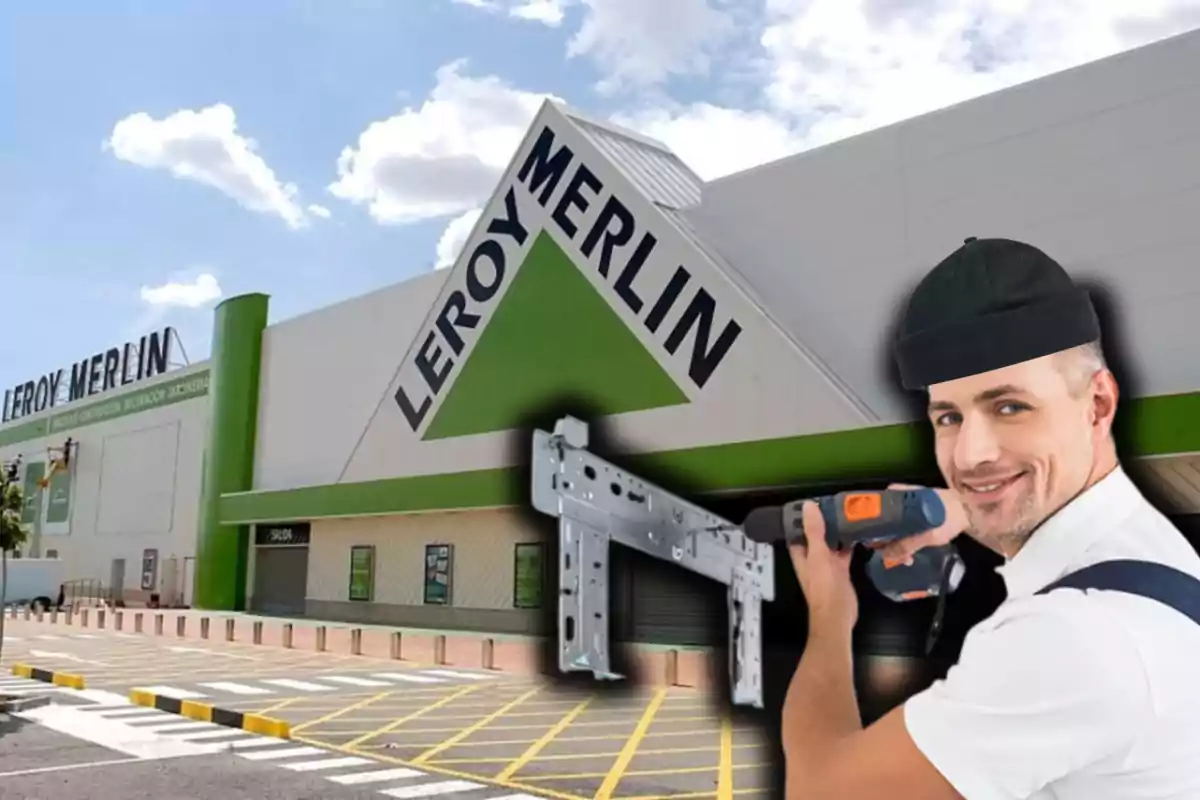 Un home amb gorra sosté un trepant davant d'una botiga de Leroy Merlin Un home amb gorra sosté un trepant davant d'una botiga de Leroy Merlin