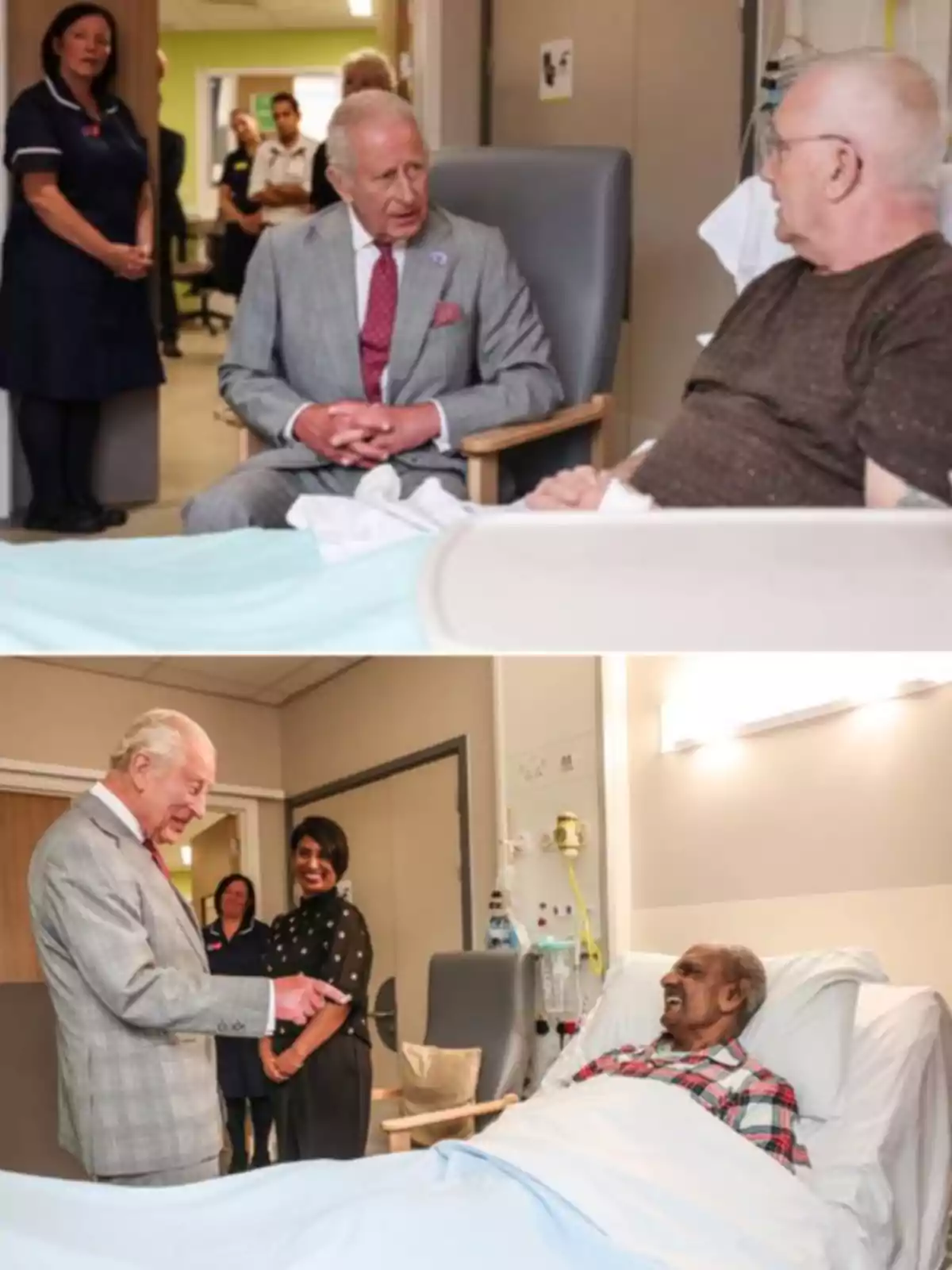 Carlos III con traje visita a pacientes en camas de hospital mientras conversa con ellos y el personal médico observa en el fondo Carlos III con traje visita a pacientes en camas de hospital mientras conversa con ellos y el personal médico observa en el fondo