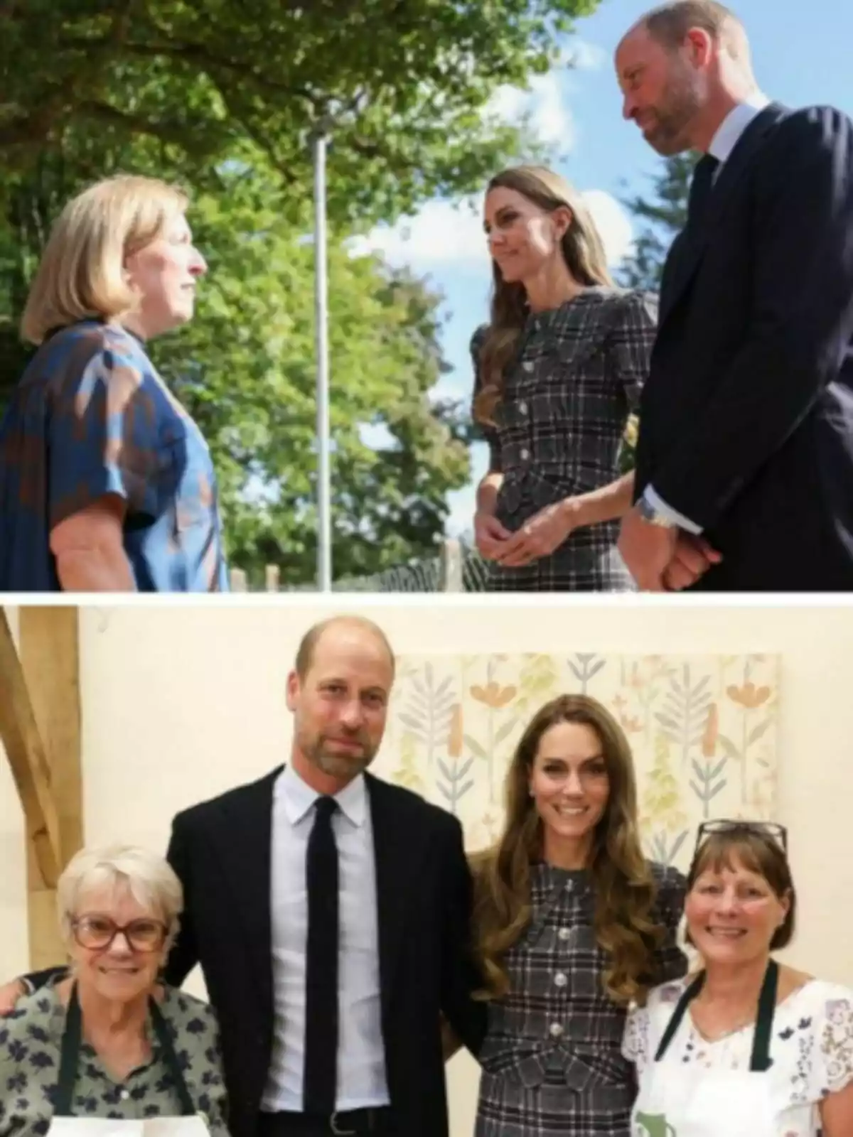 Dues fotos mostren el príncep Guillem i la Kate Middleton elegantment vestida interactuant amb altres persones; a la primera imatge estan conversant a l’aire lliure i a la segona posen somrients al costat de dues dones en un ambient interior decorat amb un quadre de flors. Dues fotos mostren el príncep Guillem i la Kate Middleton elegantment vestida interactuant amb altres persones; a la primera imatge estan conversant a l’aire lliure i a la segona posen somrients al costat de dues dones en un ambient interior decorat amb un quadre de flors.