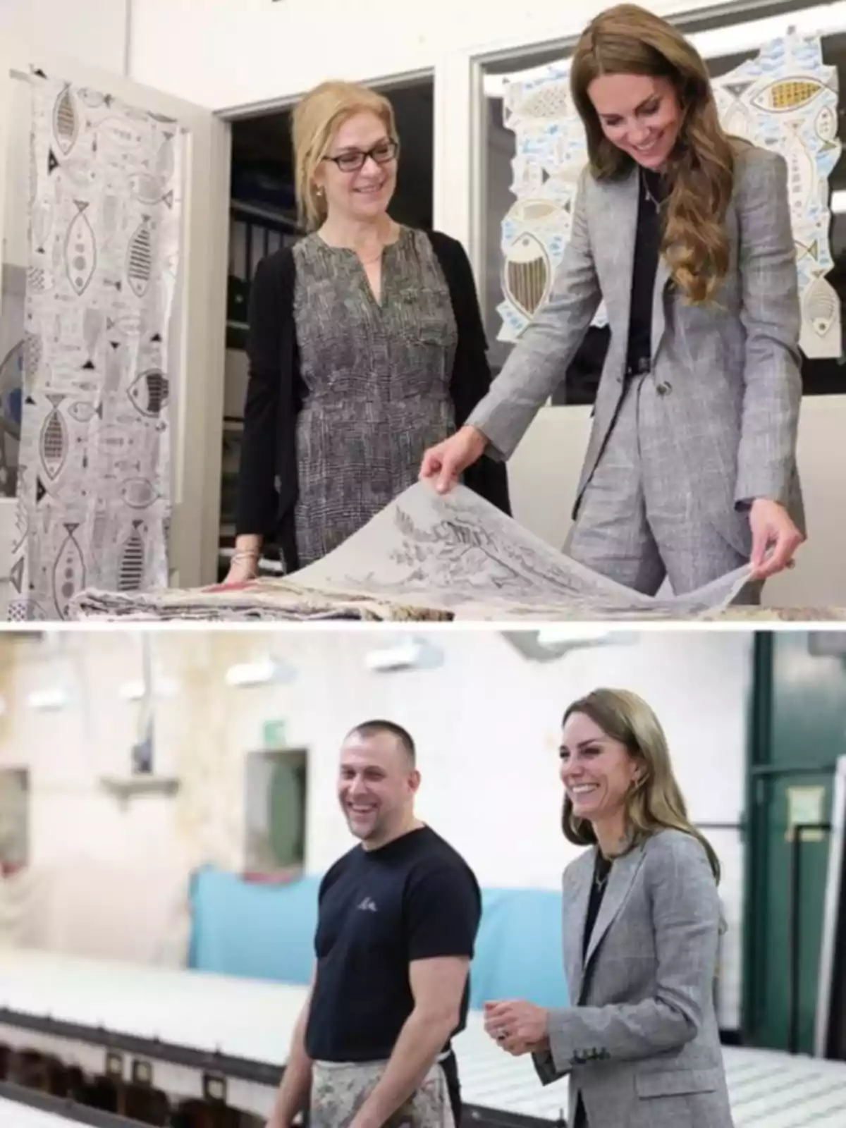 Kate Middleton i una altra dona observen i comenten un disseny tèxtil en un taller mentre, a la part inferior, una d’elles somriu al costat d’un home en un ambient de treball.