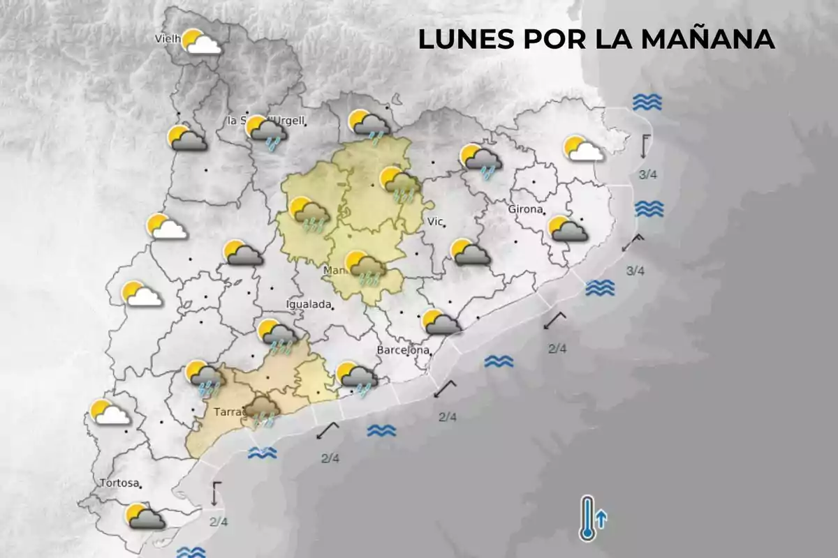 Mapa meteorológico de Cataluña para la mañana del lunes con nubes, lluvias dispersas y claros en varias zonas Mapa meteorológico de Cataluña para la mañana del lunes con nubes, lluvias dispersas y claros en varias zonas