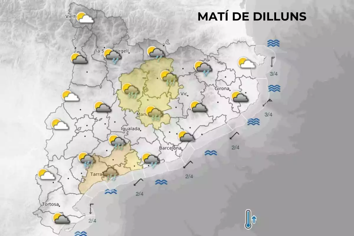 Mapa meteorològic de Catalunya per al matí de dilluns amb icones de núvols, sol i pluges en diferents zones i símbols d’onatge a la costa