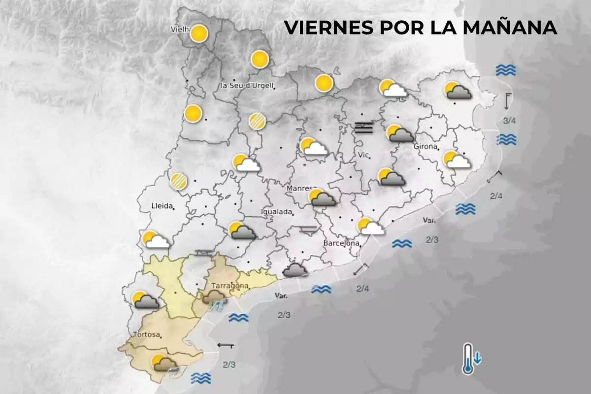 Mapa meteorológico de Cataluña para la mañana del viernes con iconos de sol, nubes y lluvias en diferentes zonas, además de símbolos de oleaje en la costa y un termómetro indicando descenso de temperatura