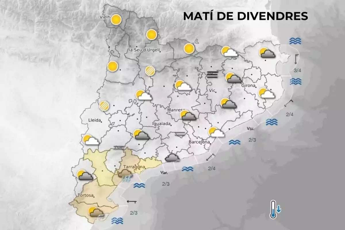 Mapa meteorològic de Catalunya per al matí de divendres amb icones de sol, núvols i pluges en diferents zones i símbols d’onatge a la costa