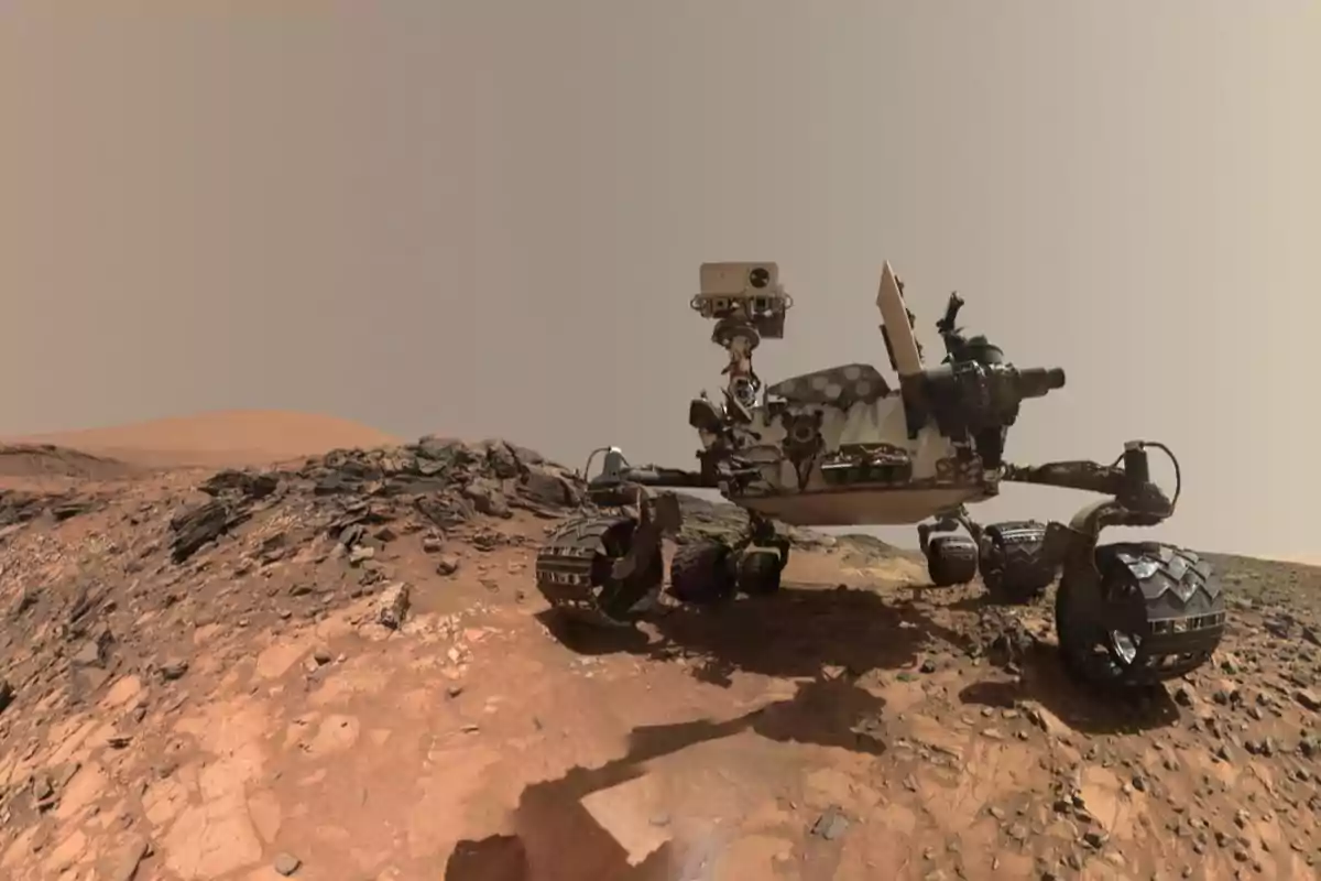Curiosity rover exploring the rocky and dusty surface of Mars under a light brown sky Curiosity rover exploring the rocky and dusty surface of Mars under a light brown sky