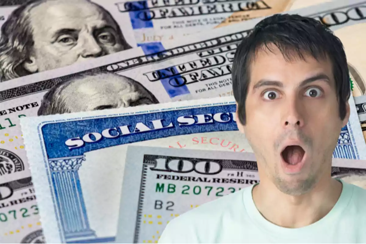 Hombre sorprendido frente a billetes de cien dólares y una tarjeta de seguro social de Estados Unidos Hombre sorprendido frente a billetes de cien dólares y una tarjeta de seguro social de Estados Unidos