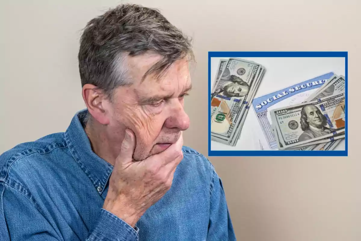 Hombre mayor con expresión preocupada y mano en el rostro mientras en la esquina aparece una imagen de billetes de cien dólares junto a una tarjeta de seguro social Hombre mayor con expresión preocupada y mano en el rostro mientras en la esquina aparece una imagen de billetes de cien dólares junto a una tarjeta de seguro social