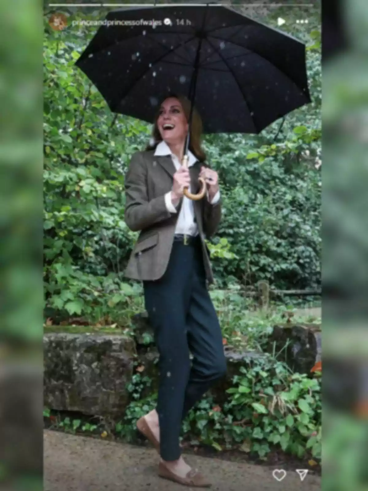 Kate Middleton sonriente de pie bajo la lluvia sosteniendo un paraguas negro en un entorno natural con vegetación de fondo Kate Middleton sonriente de pie bajo la lluvia sosteniendo un paraguas negro en un entorno natural con vegetación de fondo