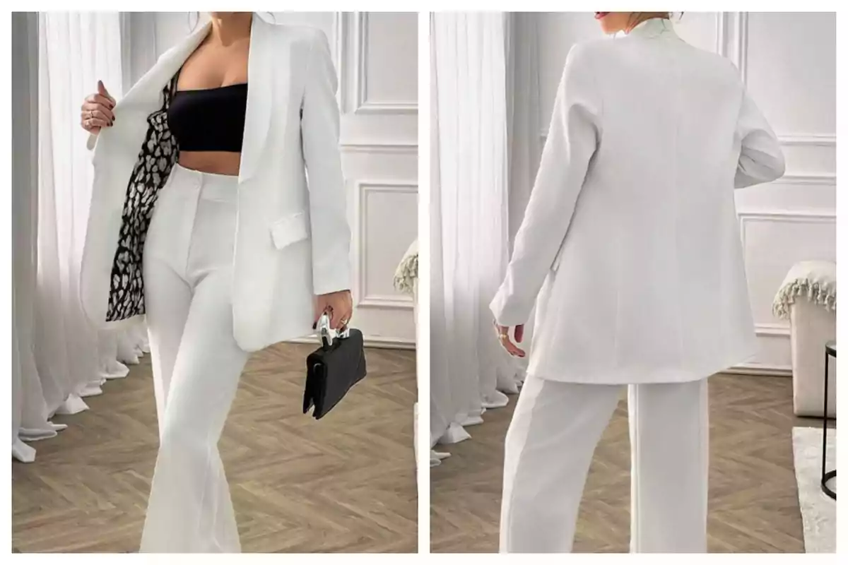 Dona amb un vestit blanc de dues peces amb blazer i pantalons de campana de Shein, combinant un top negre i una bossa negra, mostrada de front i d’esquena en una habitació elegant amb cortines blanques i terra de fusta. Dona amb un vestit blanc de dues peces amb blazer i pantalons de campana de Shein, combinant un top negre i una bossa negra, mostrada de front i d’esquena en una habitació elegant amb cortines blanques i terra de fusta.